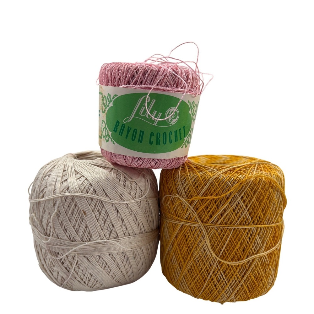 Vintage Lily Rayon Crochet Thread Lot 3pc Art 137 Pink- Yellow-Cream 8.9oz Total
